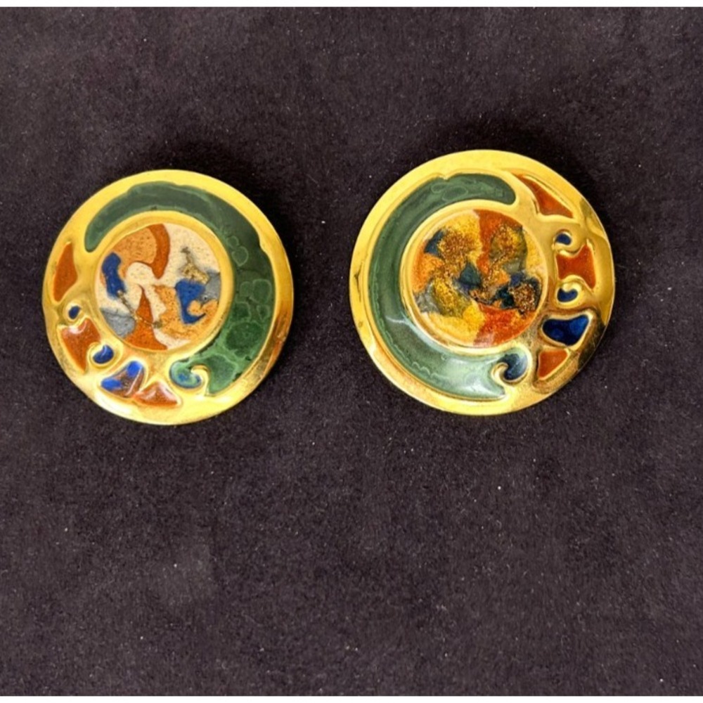 Vintage 70s Tara Ware Dublin Ireland Enamel Celtic Book of Kells Button Earrings